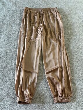 Maverick The Collection Satin Elastic-Waist Jogger Trousers - Taupe Large New